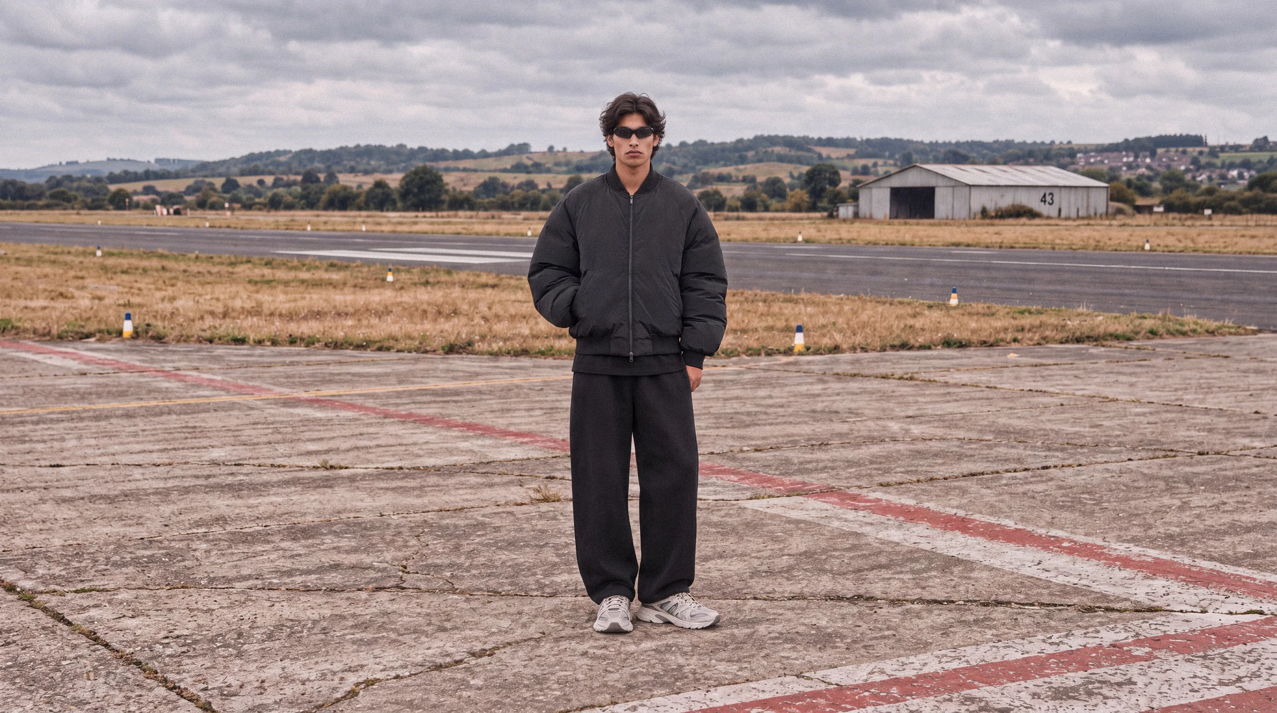 TRP campaign, a model in a black jacket on an airfield