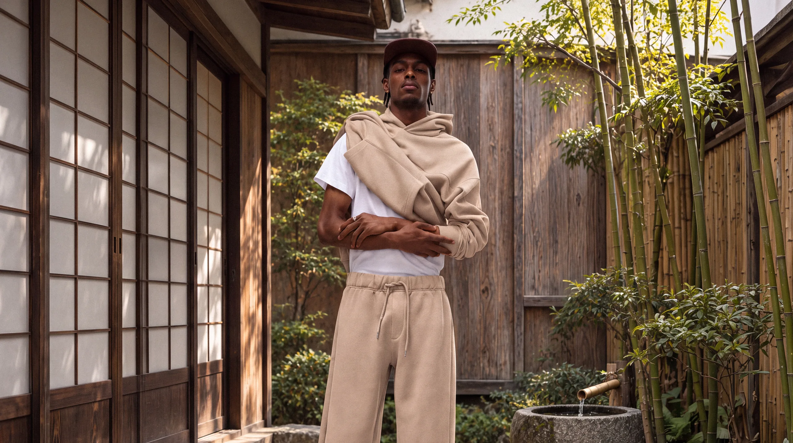 TRP campaign, a model in a beige outfit beside a garden walkway